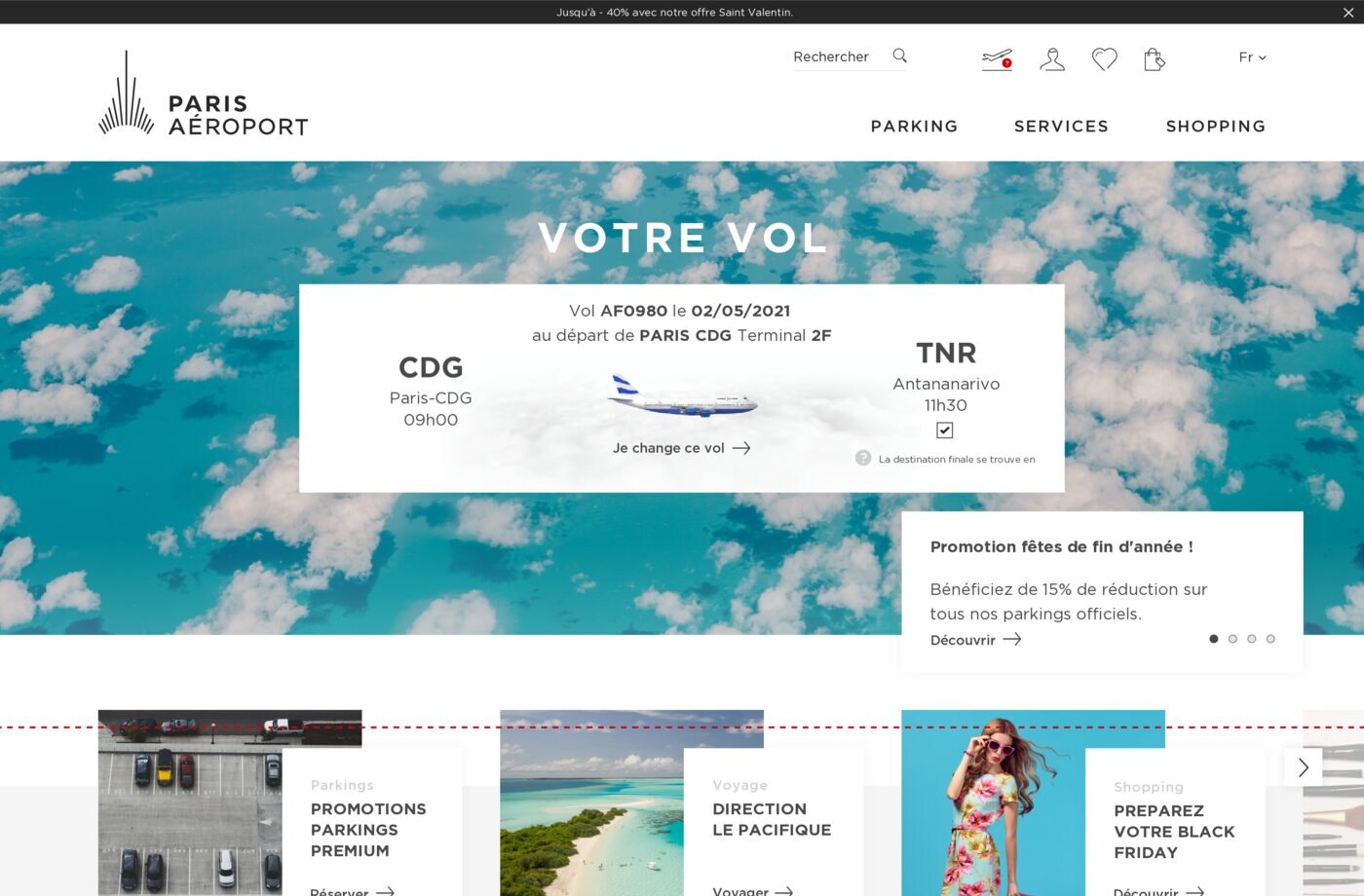 Page d'accueil desktop de la Boutique en Ligne Paris Aéroport, vol à l'arrivée à Roissy