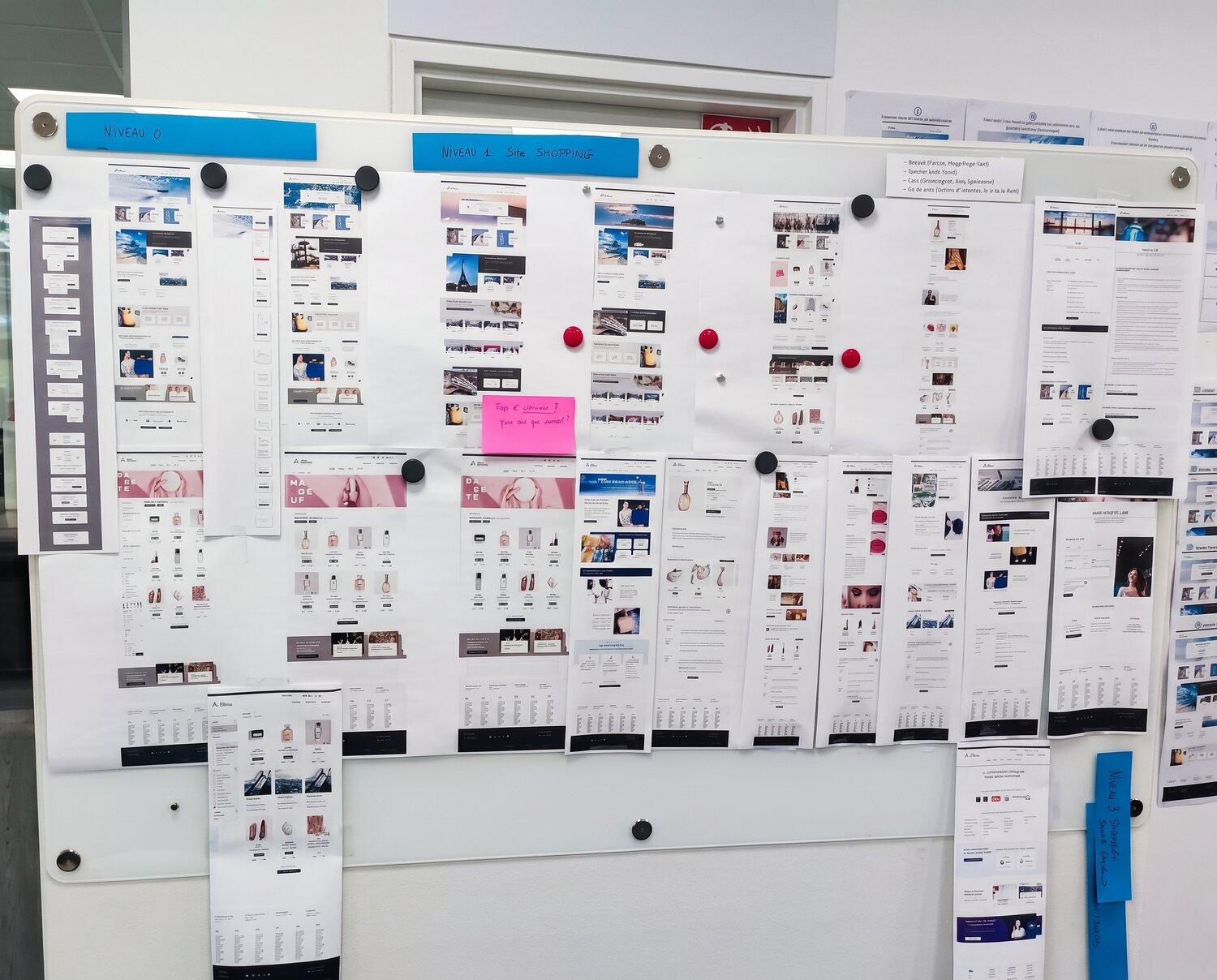 Mur de wireframes des parcours Boutique en Ligne, étape par étape
