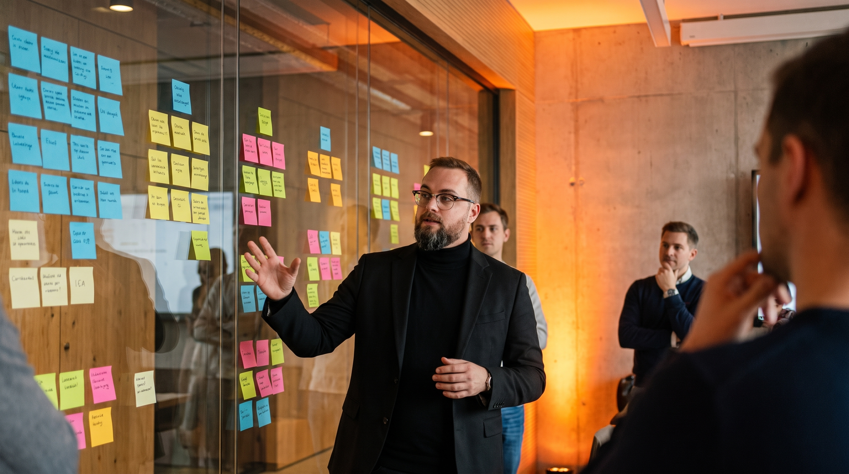 Philippe anime un atelier de tri de cartes devant un mur de post-its colorés